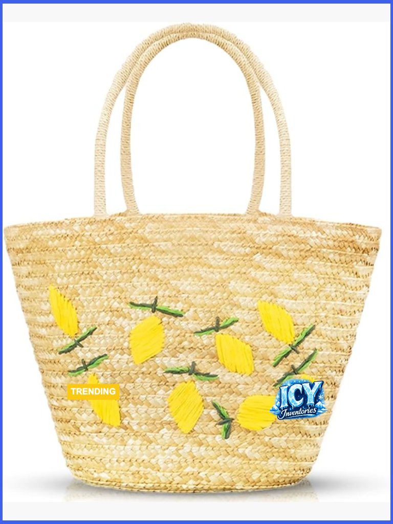 Handwoven Straw Tote Bag With Lemon Embroidery, Large Beach Bag